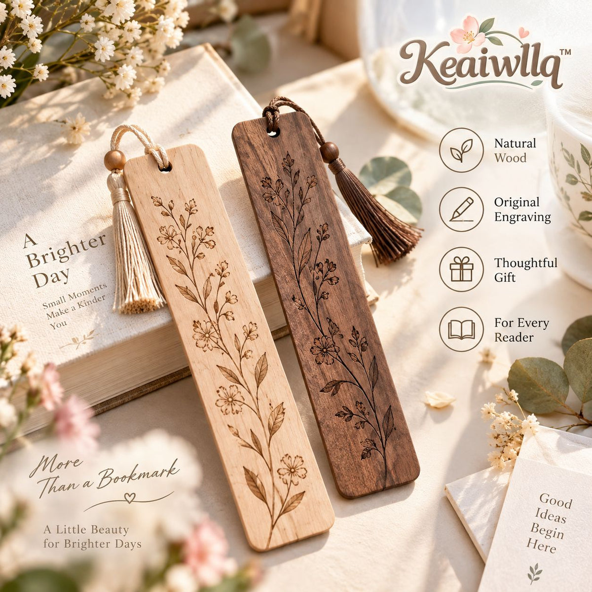 Keaiwllq™ Botanical Grain Wooden Bookmark – Hand-Finished Engraved Floral Book Marker, Natural Wood Reading Accessory