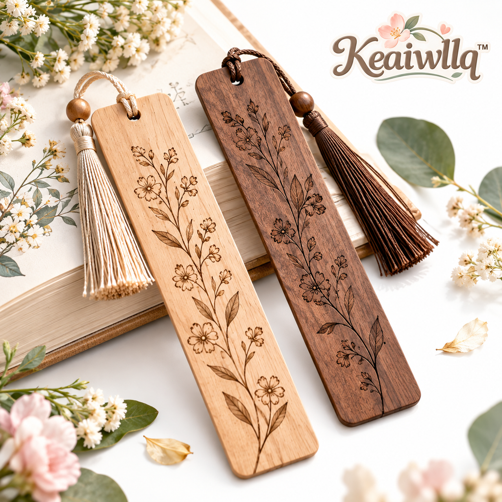 Keaiwllq™ Botanical Grain Wooden Bookmark – Hand-Finished Engraved Floral Book Marker, Natural Wood Reading Accessory