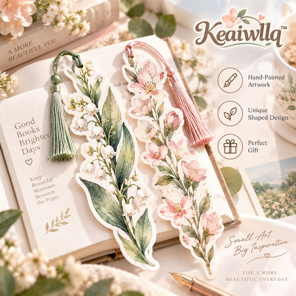 Keaiwllq™ MeadowShape Hand-Painted Watercolor Bookmark – Original Die-Cut Nature Art Page Marker