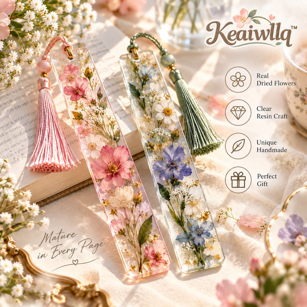 Keaiwllq™ FloraGlass Pressed Flower Resin Bookmark – Real Dried Botanical Clear Page Marker with Tassel