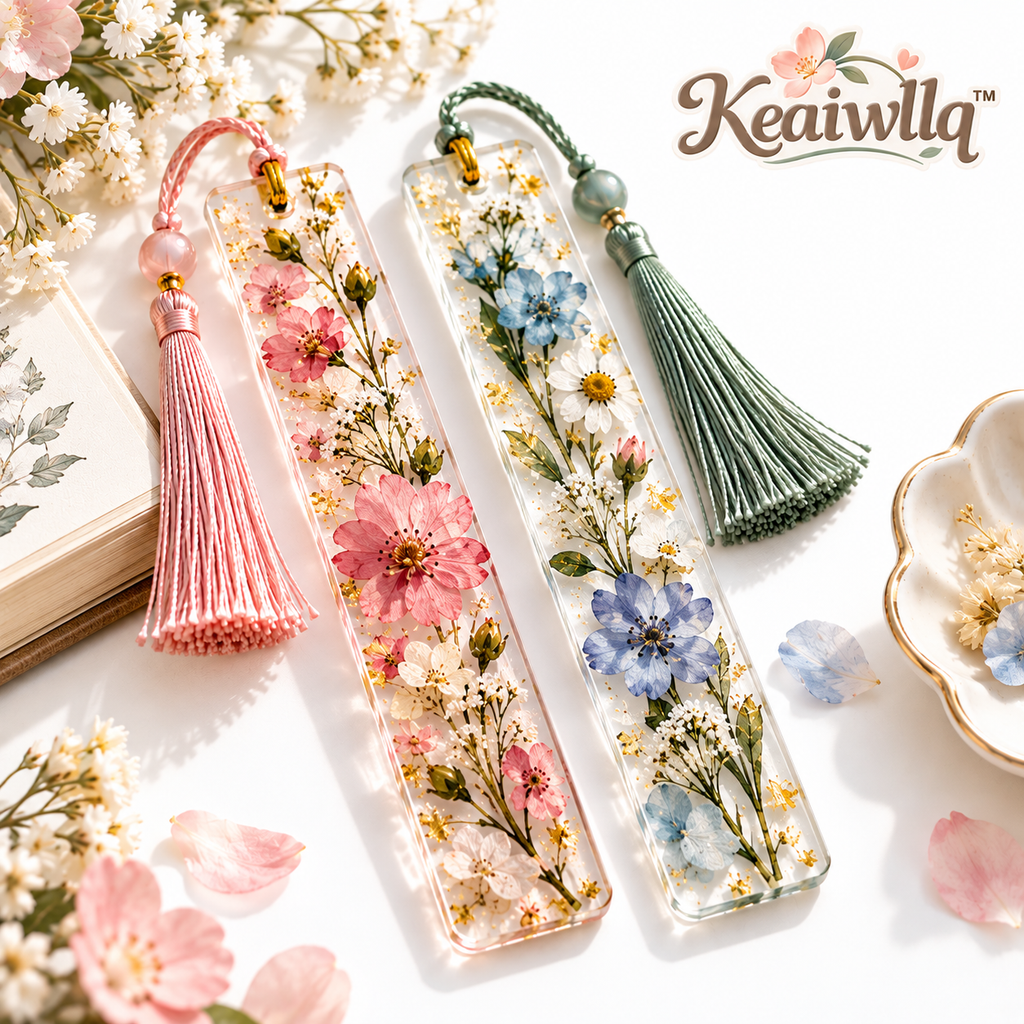 Keaiwllq™ FloraGlass Pressed Flower Resin Bookmark – Real Dried Botanical Clear Page Marker with Tassel