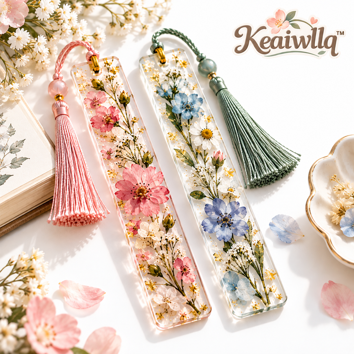 Keaiwllq™ FloraGlass Pressed Flower Resin Bookmark – Real Dried Botanical Clear Page Marker with Tassel