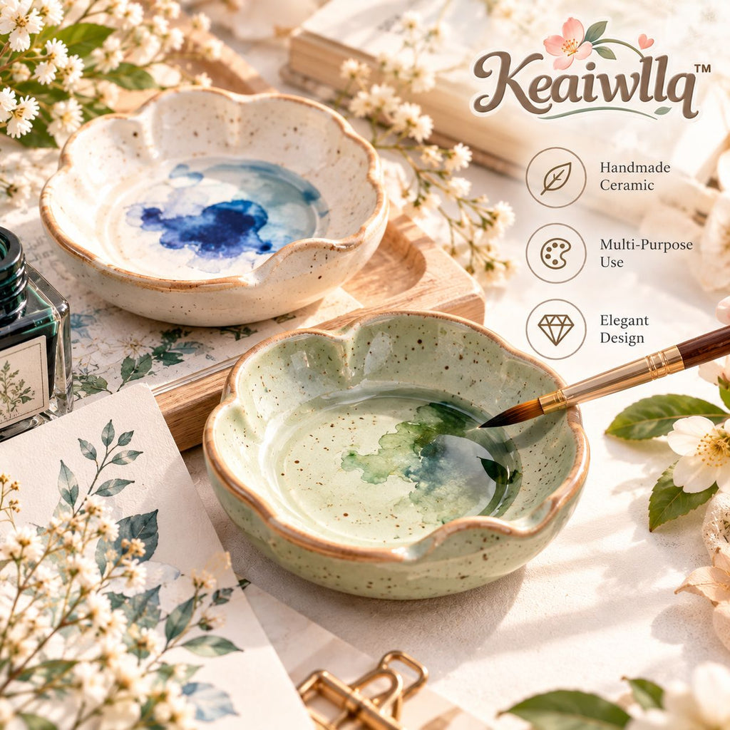 Keaiwllq™ QuietInk Handmade Mini Ceramic Ink Dish – Small Calligraphy Ink Well & Paint Mixing Dish