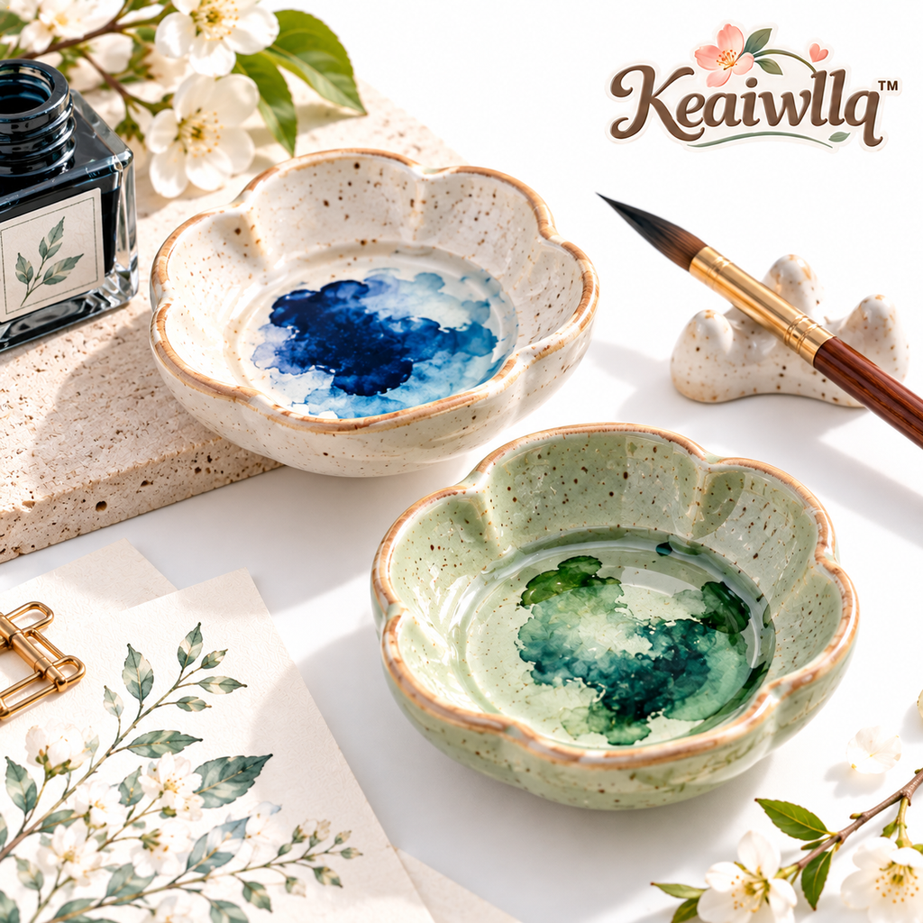 Keaiwllq™ QuietInk Handmade Mini Ceramic Ink Dish – Small Calligraphy Ink Well & Paint Mixing Dish
