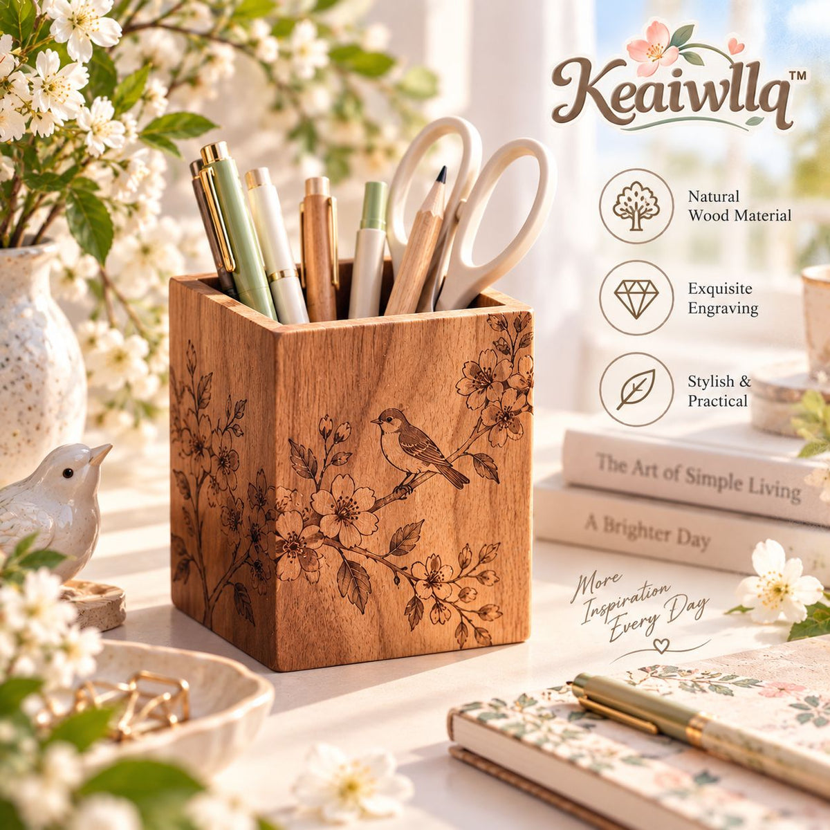Keaiwllq™ GroveLine Wooden Pen Holder – Hand-Finished Engraved Pencil Cup & Minimalist Desk Organizer