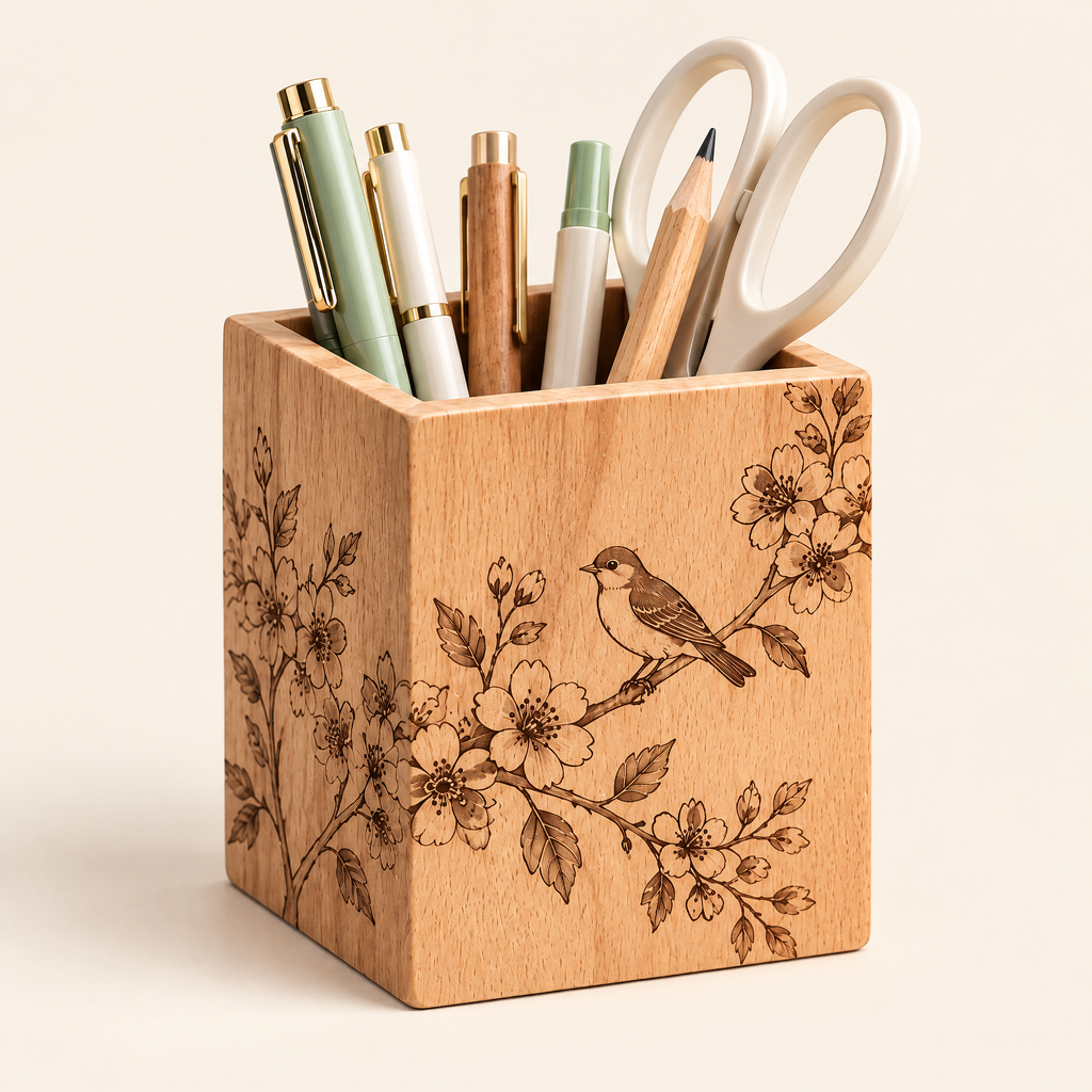 Keaiwllq™ GroveLine Wooden Pen Holder – Hand-Finished Engraved Pencil Cup & Minimalist Desk Organizer