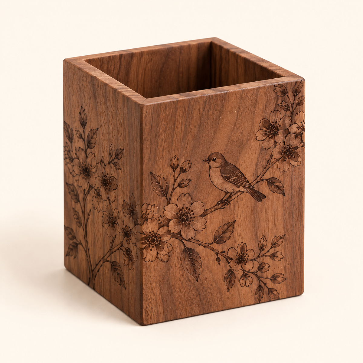 Keaiwllq™ GroveLine Wooden Pen Holder – Hand-Finished Engraved Pencil Cup & Minimalist Desk Organizer