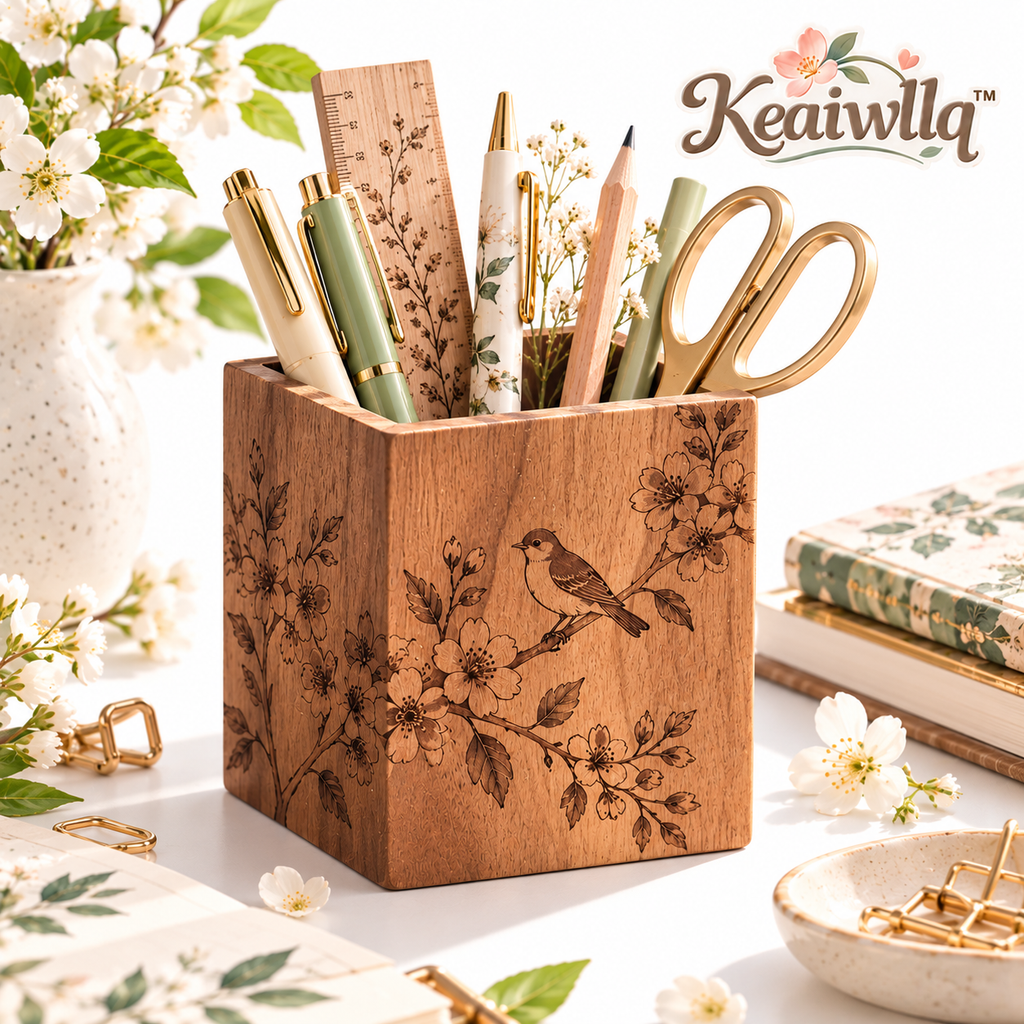 Keaiwllq™ GroveLine Wooden Pen Holder – Hand-Finished Engraved Pencil Cup & Minimalist Desk Organizer