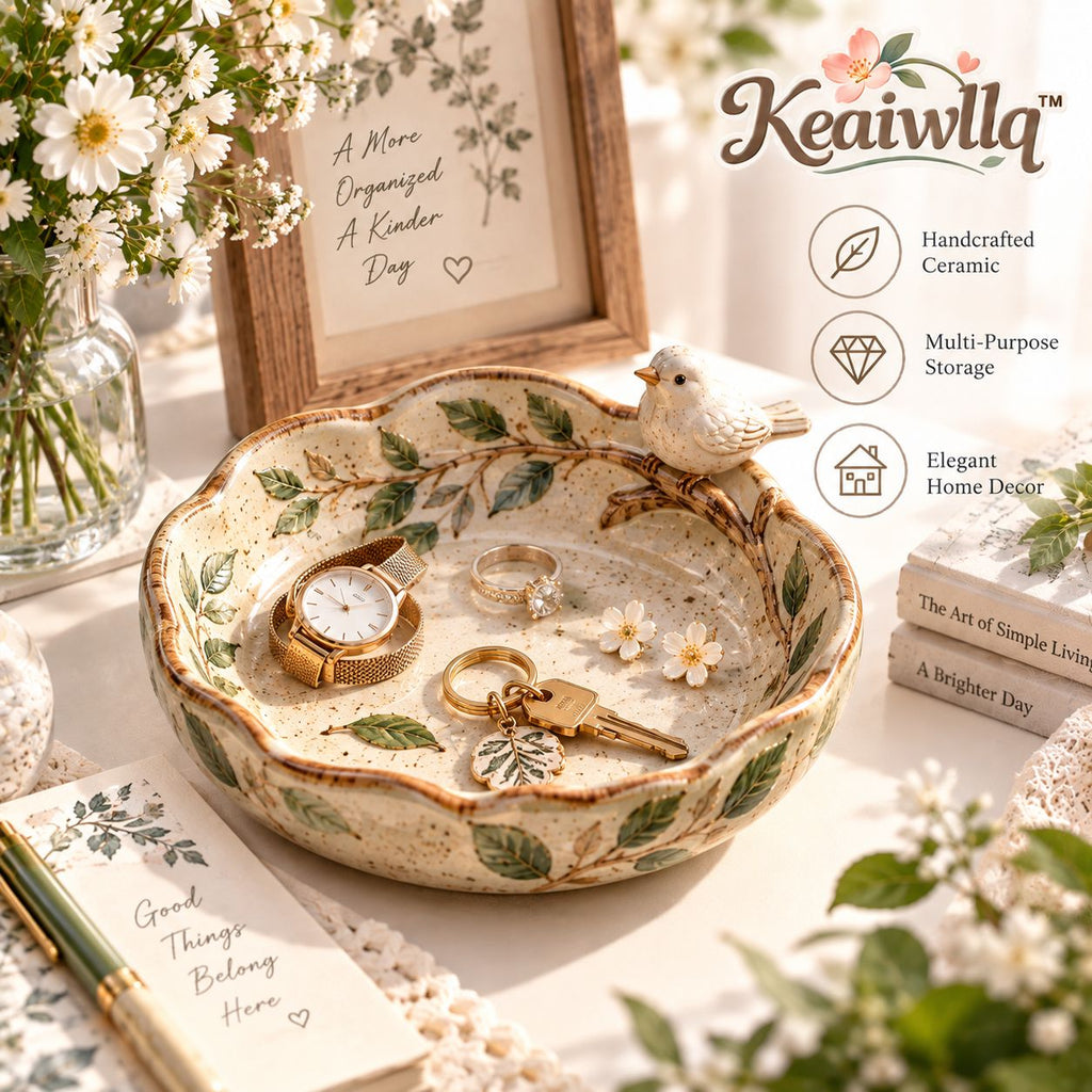 Keaiwllq™ EarthNest Handmade Rustic Ceramic Catchall Dish – Small Pottery Desk Tray & Trinket Organizer