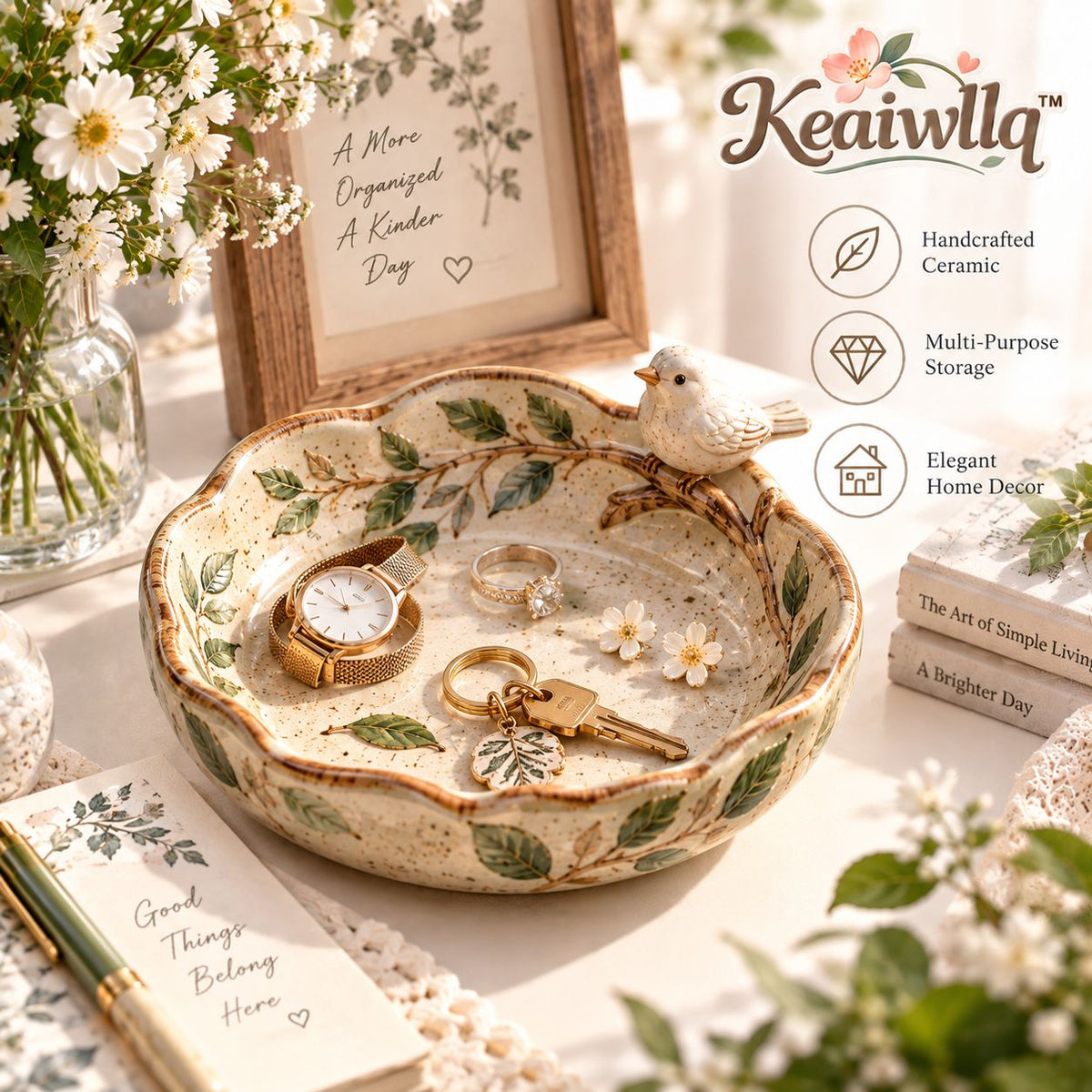 Keaiwllq™ EarthNest Handmade Rustic Ceramic Catchall Dish – Small Pottery Desk Tray & Trinket Organizer
