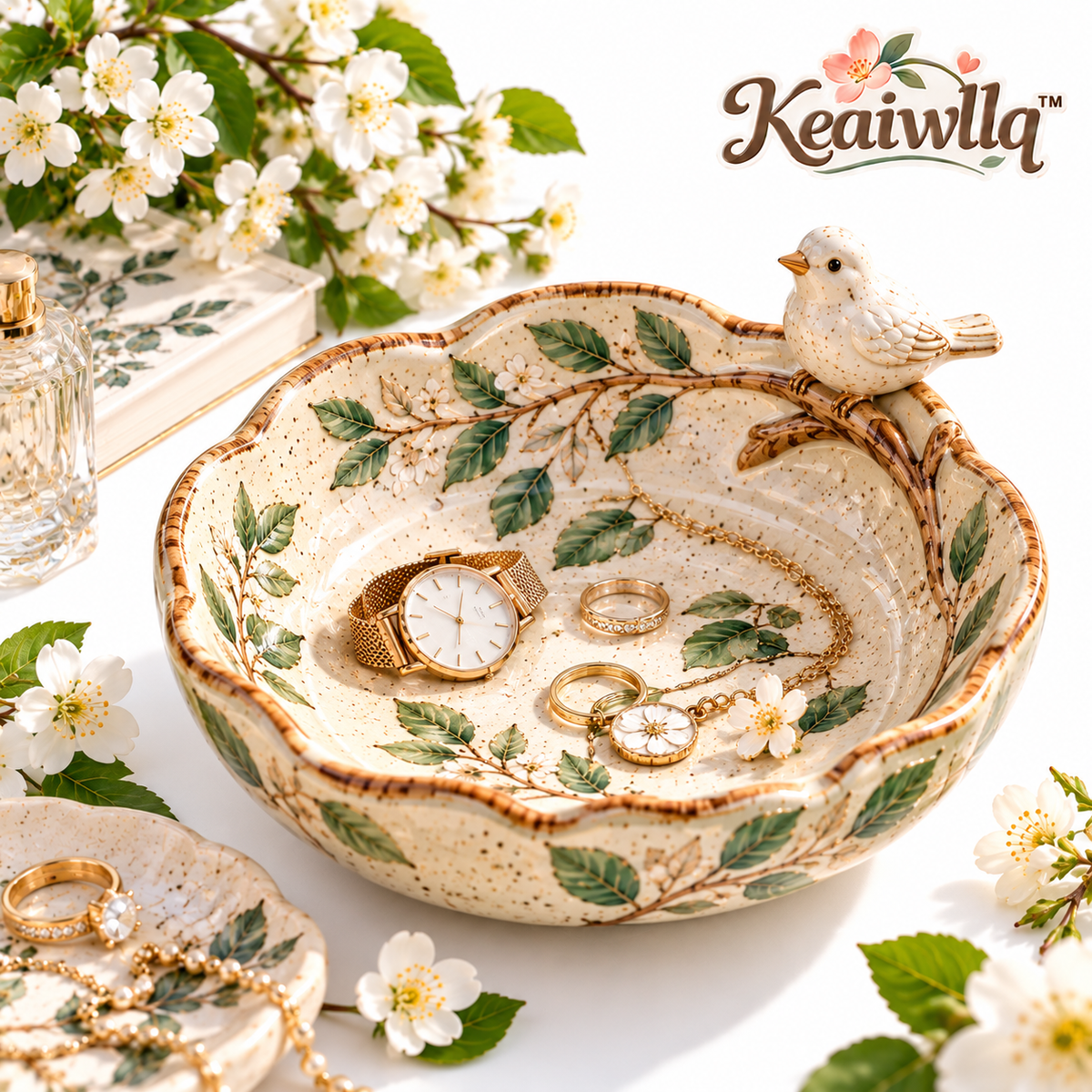 Keaiwllq™ EarthNest Handmade Rustic Ceramic Catchall Dish – Small Pottery Desk Tray & Trinket Organizer