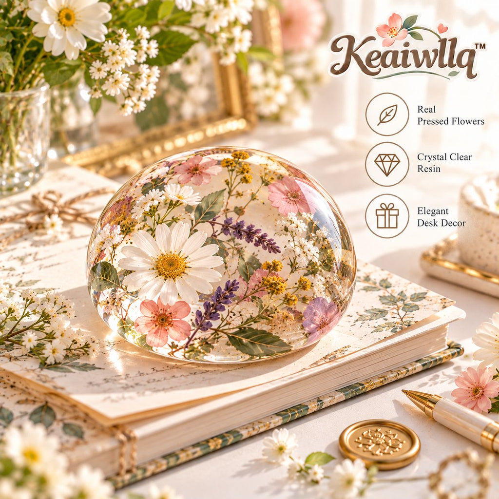 Keaiwllq™ StillBloom Pressed Flower Resin Paperweight – Handmade Mini Botanical Desk Weight with Real Dried Flowers