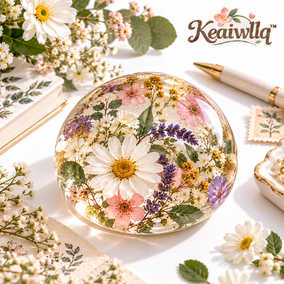 Keaiwllq™ StillBloom Pressed Flower Resin Paperweight – Handmade Mini Botanical Desk Weight with Real Dried Flowers