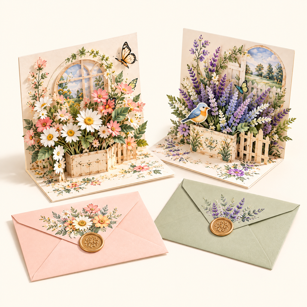 Keaiwllq™ PaperGarden Botanical Pop-Up Cards – 2-Pack 3D Paper Cut Greeting Card Set with Nature Designs