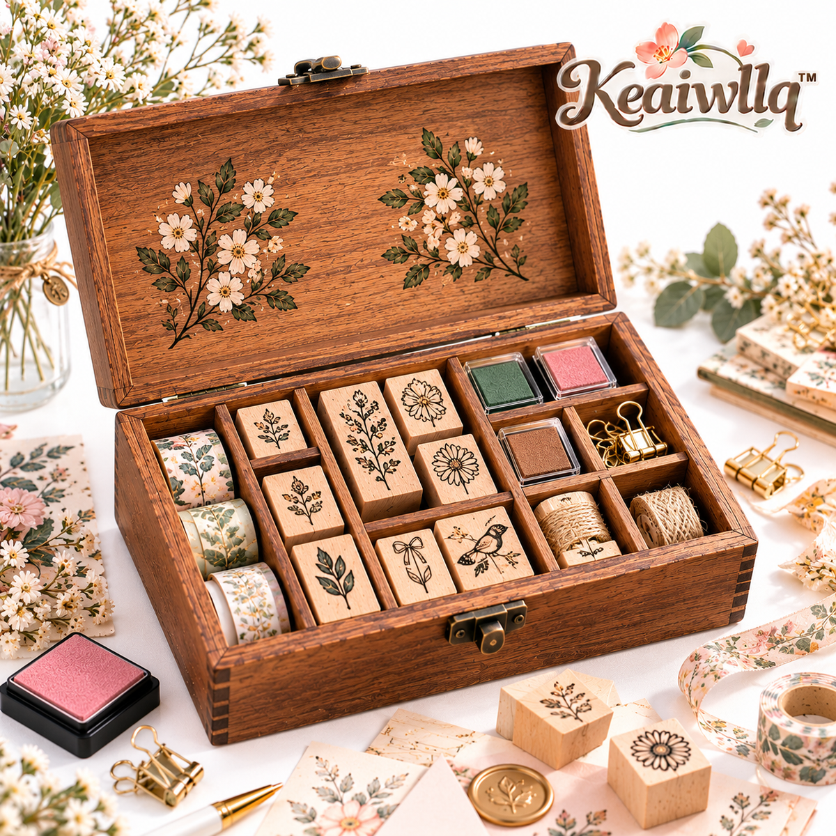Keaiwllq™ SealKeeper Wooden Stamp Storage Box – Divided Organizer for Wax Seal Stamps, Ink Pads & Craft Accessories
