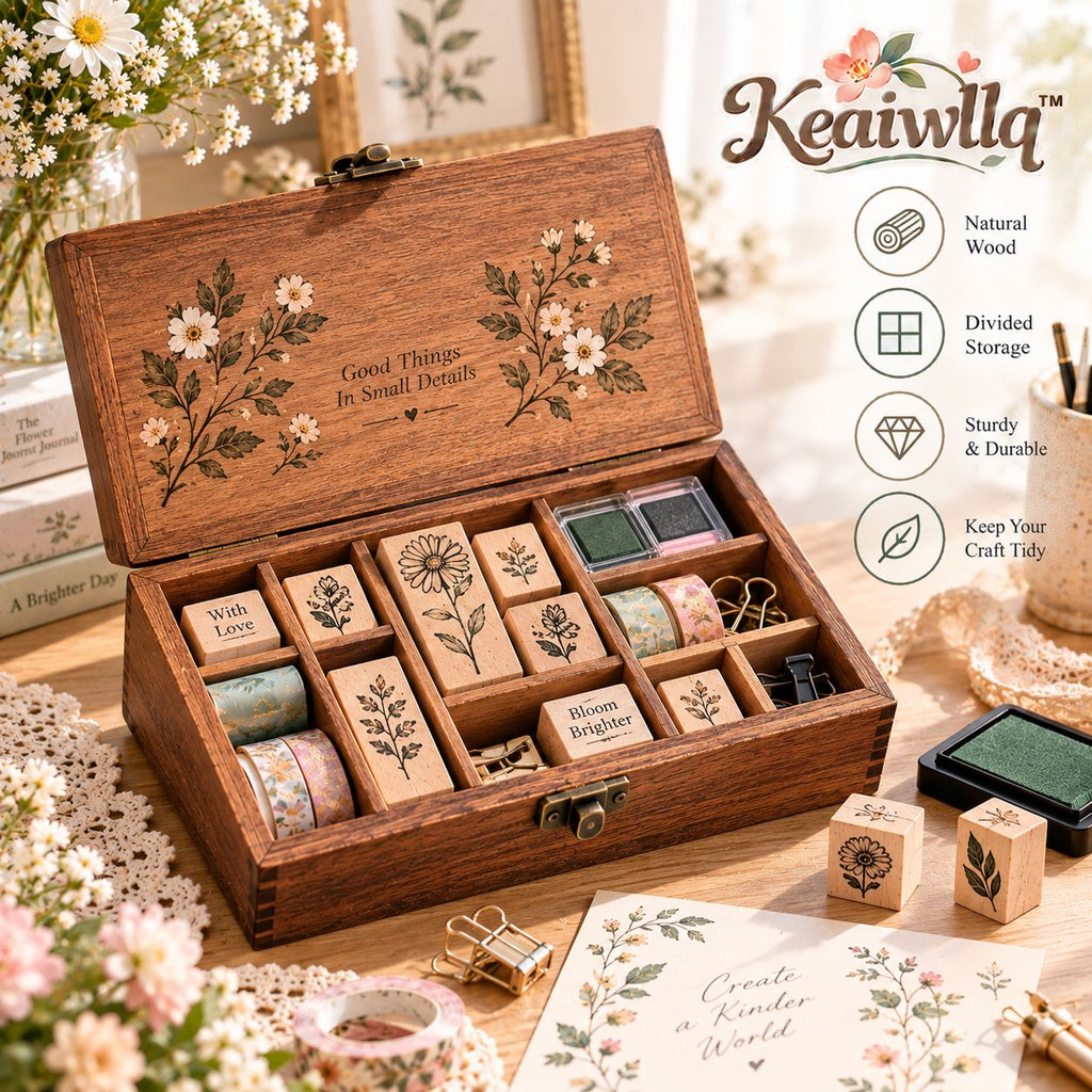 Keaiwllq™ SealKeeper Wooden Stamp Storage Box – Divided Organizer for Wax Seal Stamps, Ink Pads & Craft Accessories