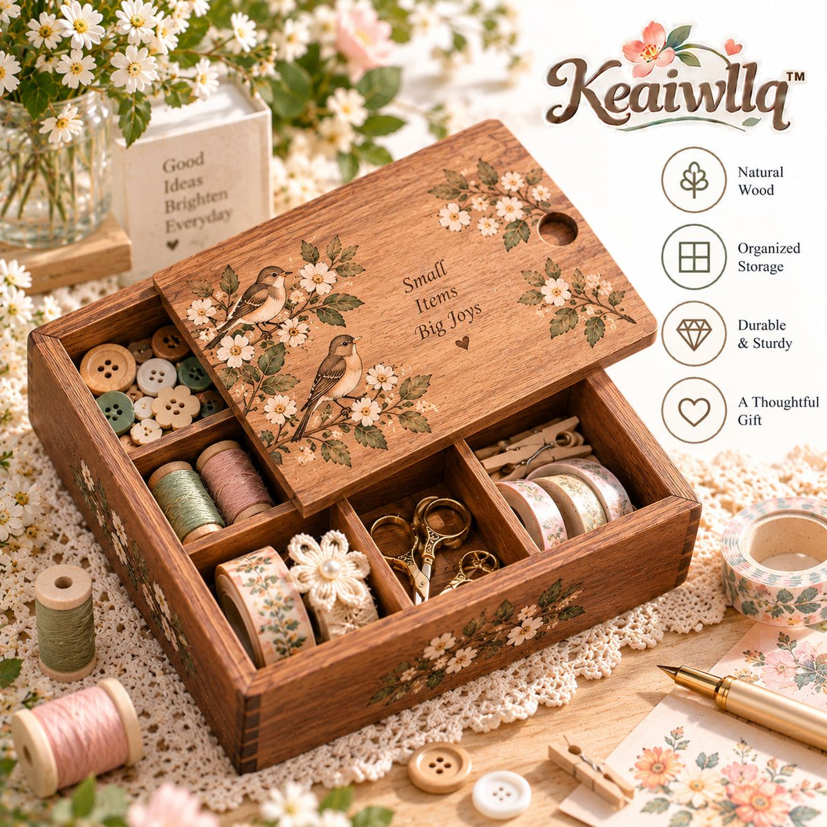 Keaiwllq™ TinyKeep Small Wooden Storage Box – Sliding Lid Organizer for Push Pins, Paper Clips & Tiny Craft Supplies