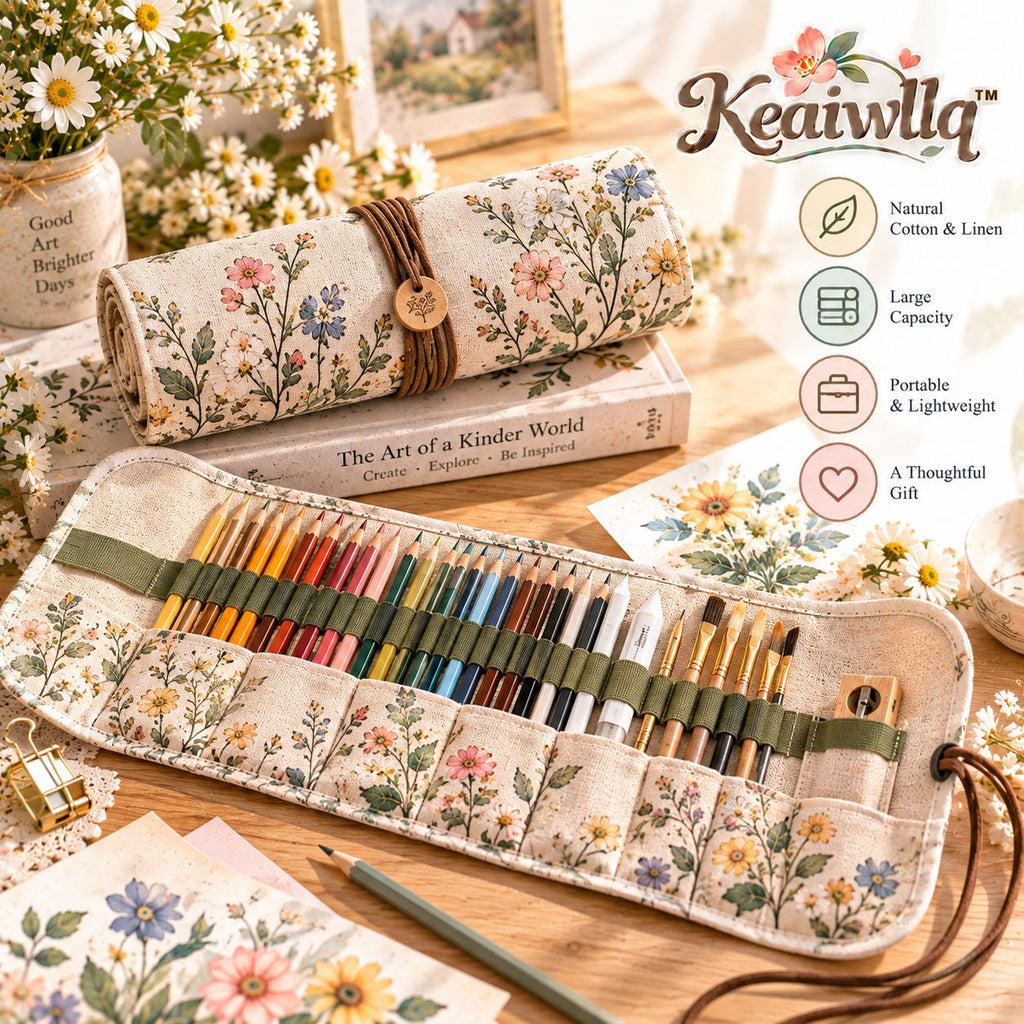 Keaiwllq™ AtelierRoll Cotton Linen Roll-Up Pencil Case – Artist Pencil Wrap, Pen & Brush Organizer for Drawing and Journaling