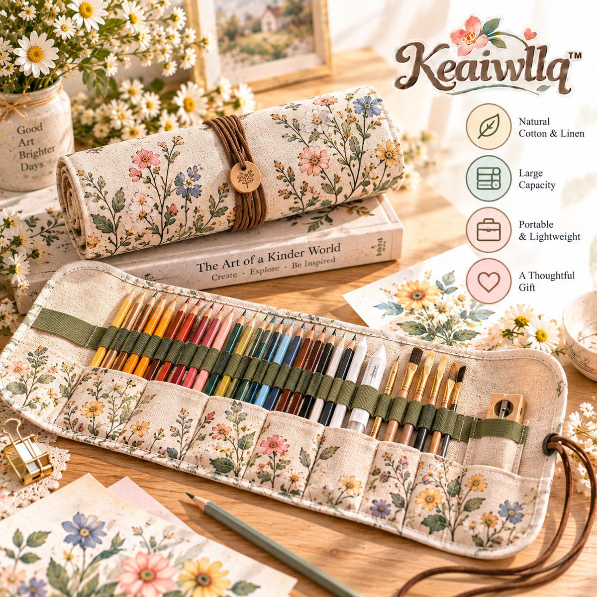 Keaiwllq™ AtelierRoll Cotton Linen Roll-Up Pencil Case – Artist Pencil Wrap, Pen & Brush Organizer for Drawing and Journaling