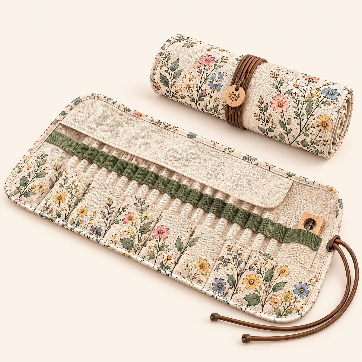 Keaiwllq™ AtelierRoll Cotton Linen Roll-Up Pencil Case – Artist Pencil Wrap, Pen & Brush Organizer for Drawing and Journaling