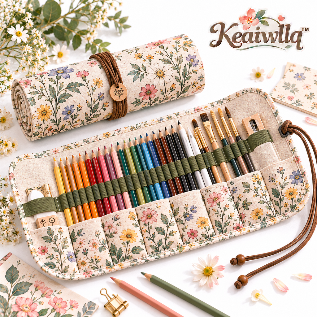 Keaiwllq™ AtelierRoll Cotton Linen Roll-Up Pencil Case – Artist Pencil Wrap, Pen & Brush Organizer for Drawing and Journaling